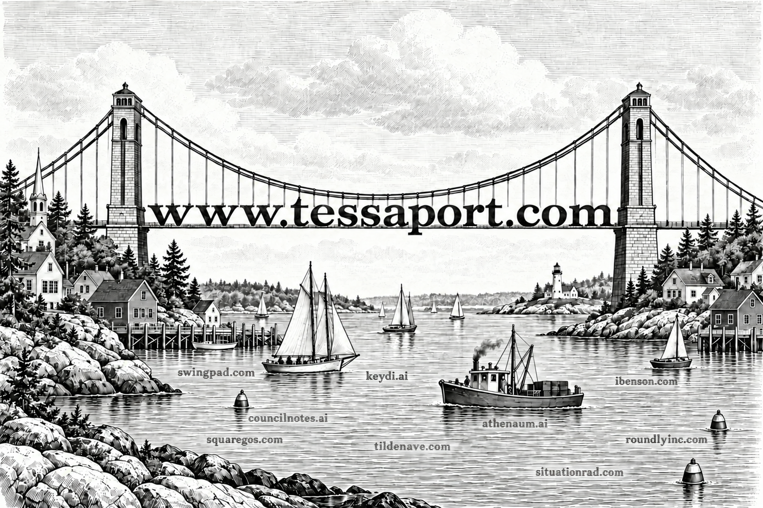 A circa-1900 black-and-white engraving of a suspension bridge spelling www.tessaport.com over a New England harbor, with swingpad.com, keydi.ai, ibenson.com, councilnotes.ai, athenaum.ai, squaregos.com, tildenave.com, roundlyinc.com, and situationrad.com in small lettering made of horizontal engraved lines matching the water ripples.